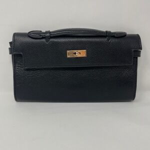 Zenith Black Pebbled Leather Clutch Bag Gold Turn Lock Hardware Handle Handbag